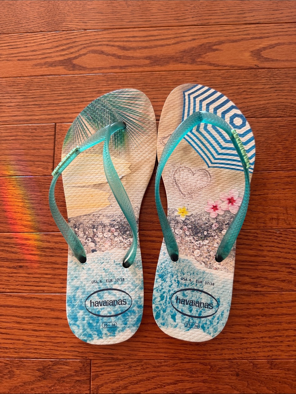 Havaianas Teal Strap Flip Flops with Beach Scene Footbed